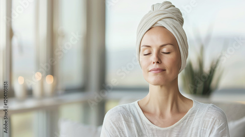 Smiling Caucasian woman with cancer wears a scarf on her head and close eyes for meditating and relaxing for recovering in a warm home photo