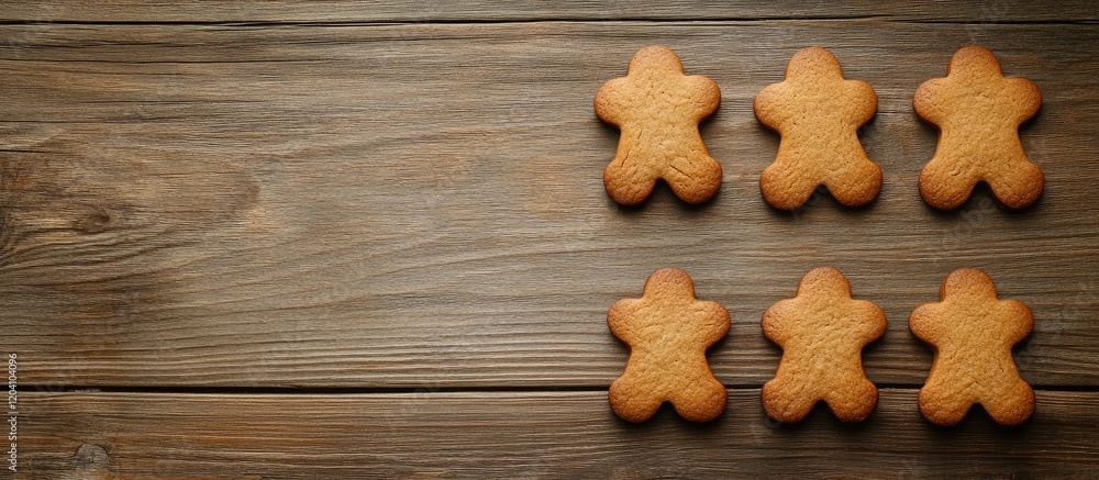 Fototapeta premium Gingerbread men cookies arranged in a row on a wooden surface with Copy Space for text placement