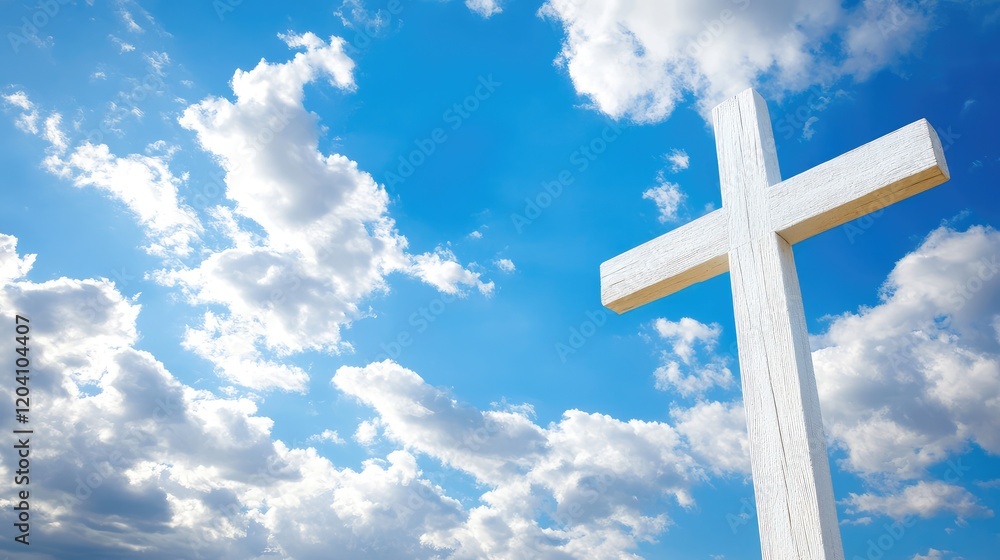 White wooden cross against a blue sky with clouds and Copy Space for religious or inspirational content White wooden cross against a blue sky with clouds and Copy Space for religious or inspirational content