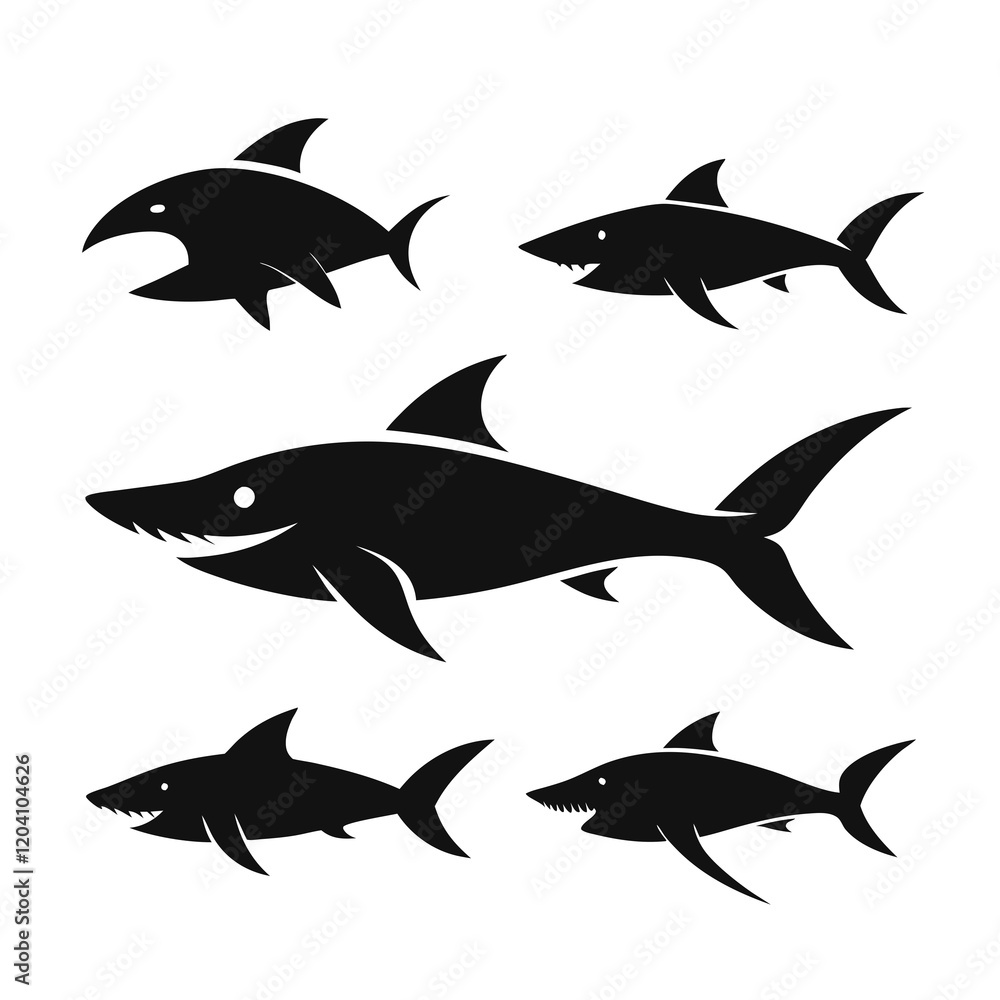 Obraz premium Six Silhouettes of Sharks in Various Poses 