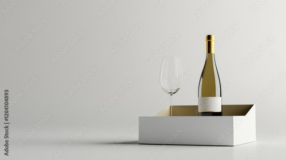 Wine bottle with glass in a simple box on a minimalistic background Copy Space Wine bottle with glass in a simple box on a minimalistic background Copy Space