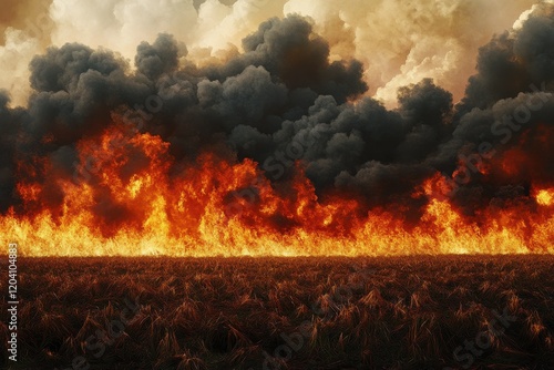 A large field of fire with smoke in the sky. A vast field engulfed in flames, showcasing the intensity and spread of the fire across the landscape. photo