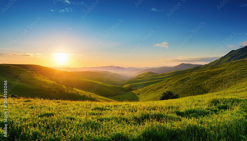 Obraz premium sunrise illuminating lush green valley symbolizes new beginnings and tranquility
