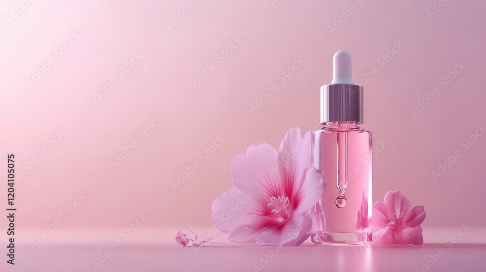 Pink liquid serum dropper bottle surrounded by pink flowers on pastel background with Copy Space for product promotion or branding Pink liquid serum dropper bottle surrounded by pink flowers on pastel background with Copy Space for product promotion or branding
