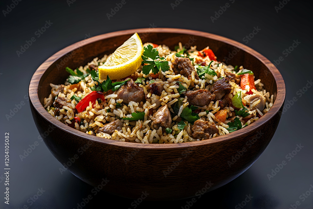 Biryani rice with lamb, chicken, and vegetables garnished with coriander Biryani rice with lamb, chicken, and vegetables garnished with coriander