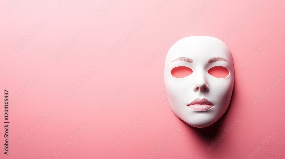 White porcelain mask on a soft pink background with ample Copy Space for text insertion. White porcelain mask on a soft pink background with ample Copy Space for text insertion.