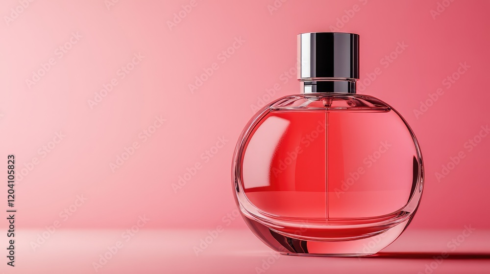 Elegant circular perfume bottle with pink liquid on a soft pink background featuring ample Copy Space for text placement. Elegant circular perfume bottle with pink liquid on a soft pink background featuring ample Copy Space for text placement.