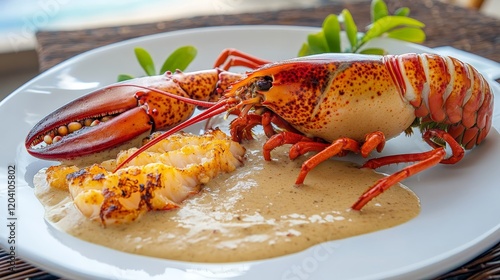 Exquisite Comorian Langouste a la Vanille with Vanilla Sauce on a Tropical Island Decor Table photo