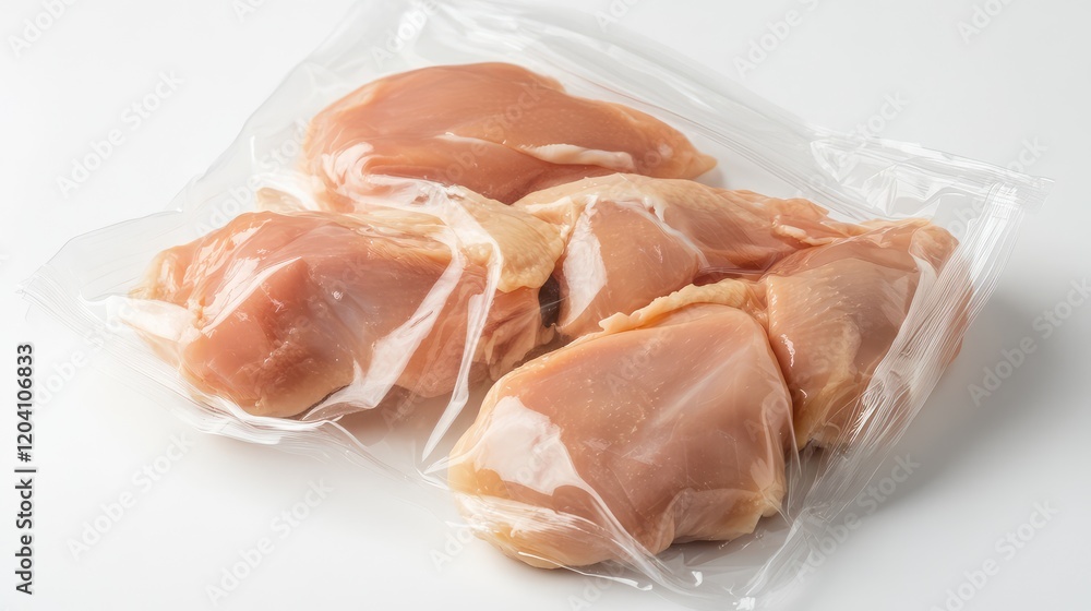 Raw chicken thighs vacuum sealed in clear plastic packaging on white background with copy space Raw chicken thighs vacuum sealed in clear plastic packaging on white background with copy space