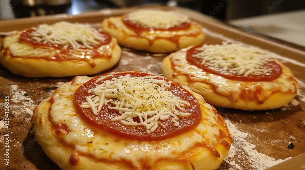 Freshly baked mini pizzas on a baking tray with melted cheese and pepperoni, featuring Copy Space for text placement Freshly baked mini pizzas on a baking tray with melted cheese and pepperoni, featuring Copy Space for text placement