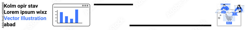 Bar graph displayed on web page representing data analysis. Linked to a panel showcasing an e-commerce platform with tags and gear symbols. Ideal for data analytics, e-commerce, business growth Bar graph displayed on web page representing data analysis. Linked to a panel showcasing an e-commerce platform with tags and gear symbols. Ideal for data analytics, e-commerce, business growth