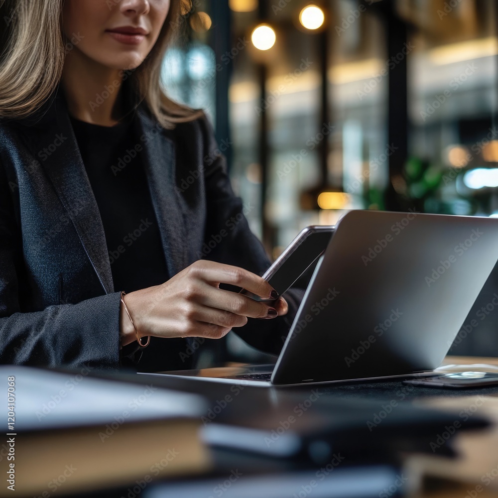 Business Woman Touching Mobile Screen with Laptop on Office Table Business Woman Touching Mobile Screen with Laptop on Office Table