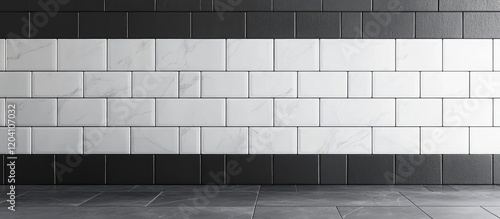 Black and white tiled wall with horizontal stripes and copy space for text.