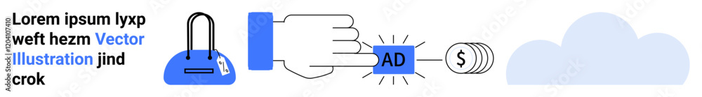 Hand clicking ad button, transaction with dollar sign, shopping bag, and cloud. Ideal for e-commerce, online shopping, digital marketing, internet ads, customer journey financial transactions