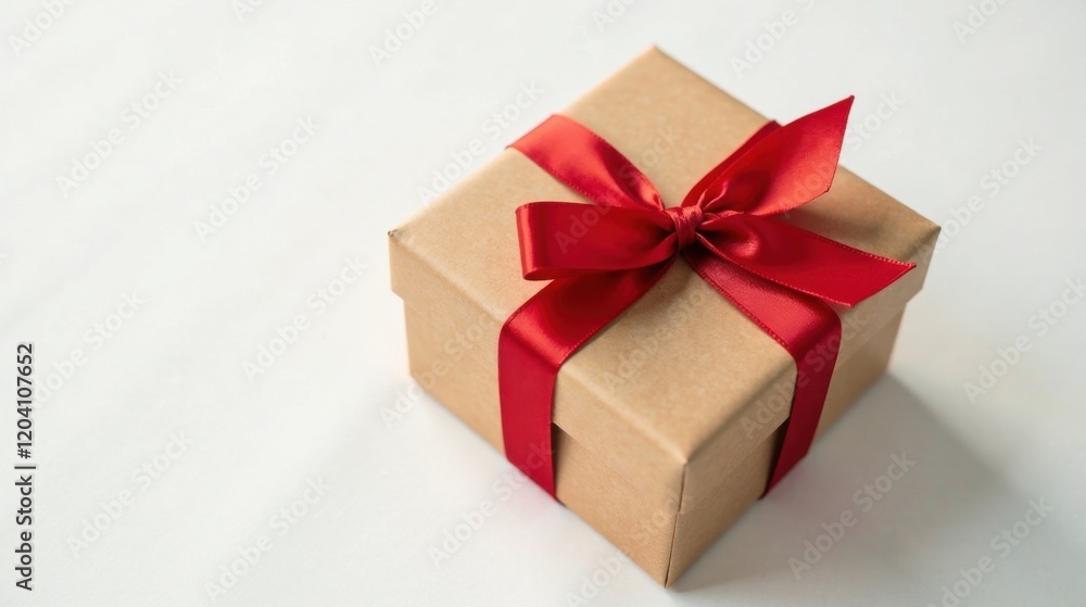 A simple kraft paper gift box adorned with a vibrant red satin ribbon, a perfect present for any occasion A simple kraft paper gift box adorned with a vibrant red satin ribbon, a perfect present for any occasion