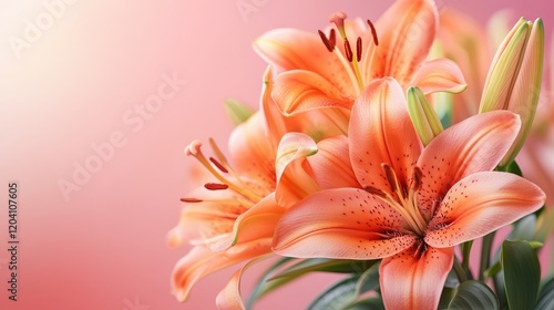Orange lilies on soft pink background with blurred effect and copy space for text placement.