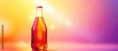 Glass bottle filled with soda against a colorful gradient background with bokeh lights and copy space for text placement. photo