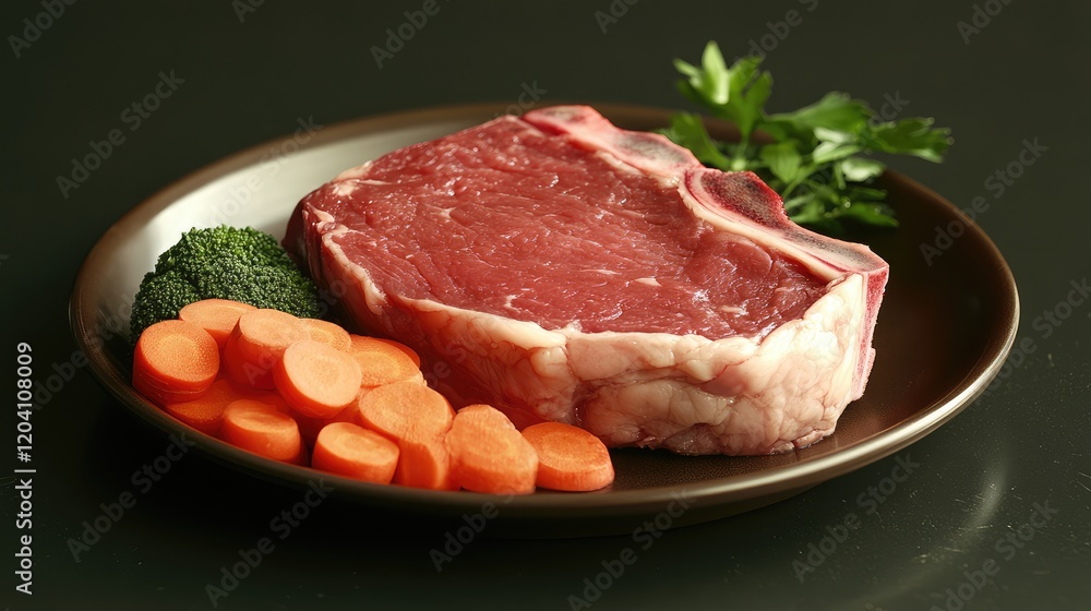 Raw steak on a plate with vegetables including carrots, broccoli, and parsley on a dark background with copy space. Raw steak on a plate with vegetables including carrots, broccoli, and parsley on a dark background with copy space.