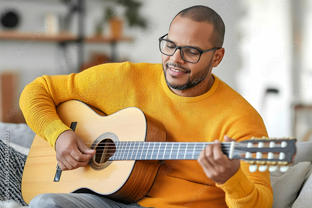 Obraz premium Man playing acoustic guitar in a bright living room