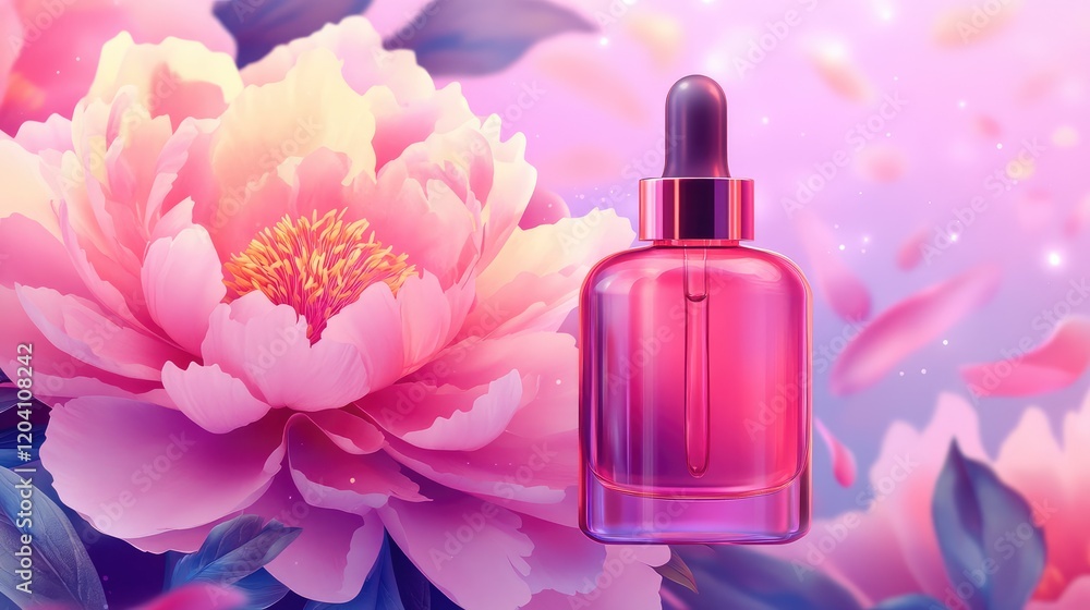 Cosmetic serum bottle with dropper in front of pink peony flower on blurred floral background with copy space. Cosmetic serum bottle with dropper in front of pink peony flower on blurred floral background with copy space.