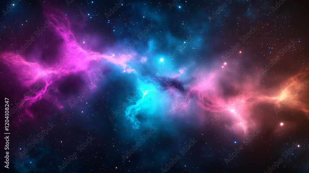 Obraz premium vibrant nebula with swirling pink and blue gases in starry space background creates mesmerizing cosmic scene. colors blend beautifully, evoking sense of wonder and mystery