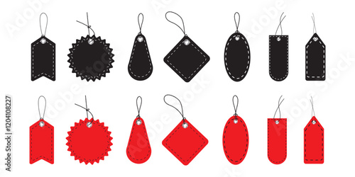 Print  Realistic set of black sale tags and labels png isolated on transparent background. Vector illustration of dark round, star, heart, flag shape banner templates. 1176