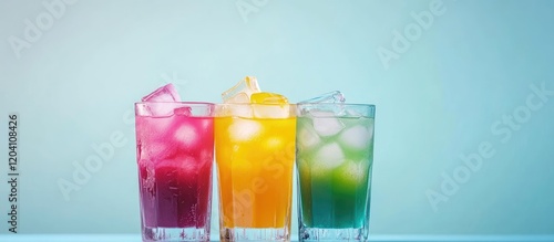 Colorful refreshing drinks in three glasses with ice cubes on a light blue background Copy Space photo