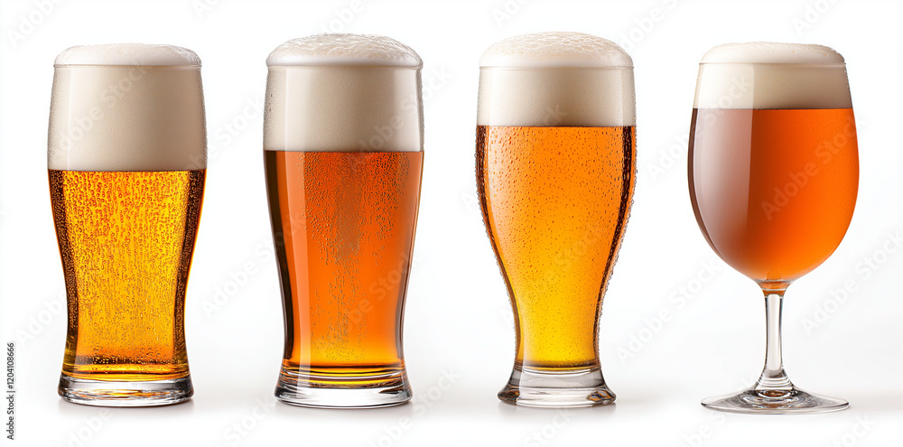 Four glasses of beer with foam, showcasing different s and colors, isolated on white background. Perfect for beer enthusiasts and beverage photography Four glasses of beer with foam, showcasing different s and colors, isolated on white background. Perfect for beer enthusiasts and beverage photography