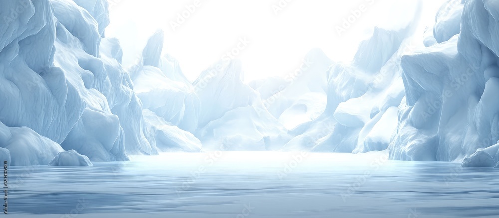 Obraz premium Glacial landscape with icebergs and frozen water under bright ambient light with Copy Space for text placement.