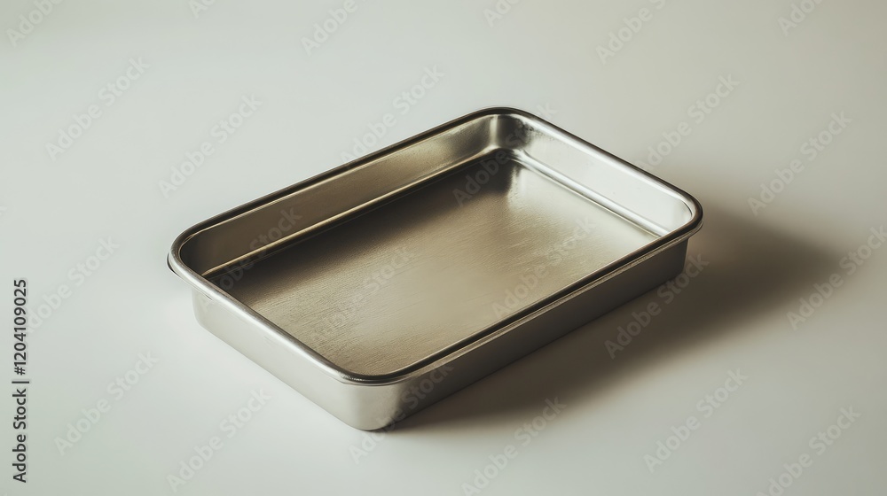 Stainless steel baking tray on a plain background with copy space for text or design elements Stainless steel baking tray on a plain background with copy space for text or design elements