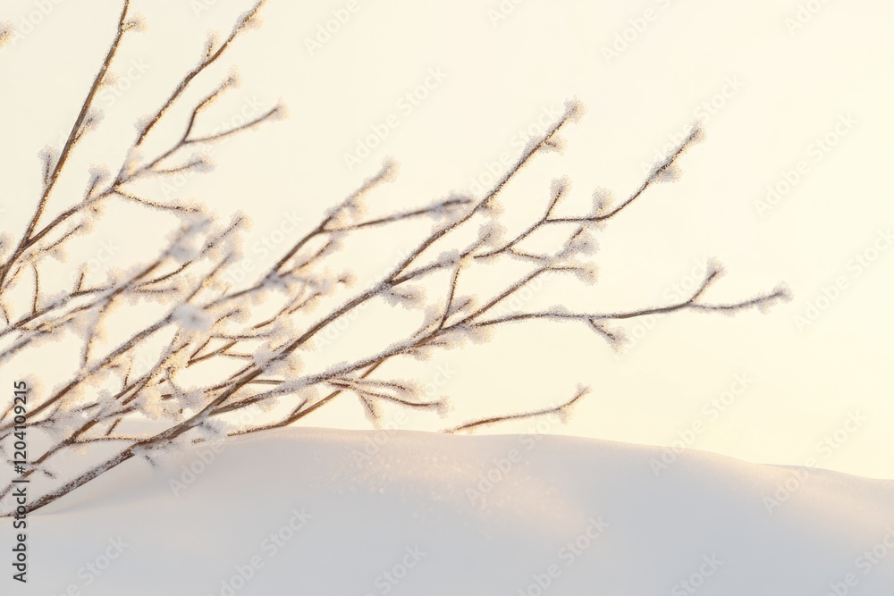 Frost-covered branches gracefully arch over a pristine snowdrift under a soft, warm light. Frost-covered branches gracefully arch over a pristine snowdrift under a soft, warm light.
