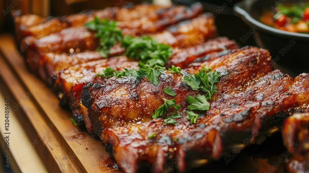 Grilled pork ribs garnished with fresh herbs on a wooden serving board with side dish on the background Copy Space Grilled pork ribs garnished with fresh herbs on a wooden serving board with side dish on the background Copy Space