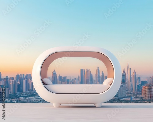 Glassencased sleep pod in a penthouse overlooking a city skyline, futuristic luxury concept photo