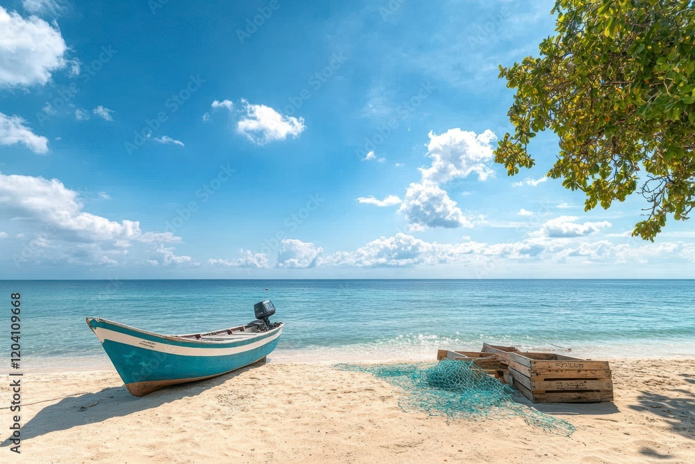 Inviting coastal landscape with a boat on sandy beach and clear blue waters under a vibrant sky. Generative AI Inviting coastal landscape with a boat on sandy beach and clear blue waters under a vibrant sky. Generative AI