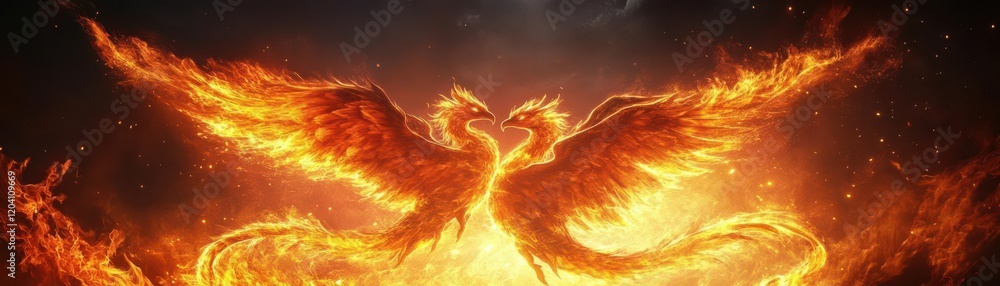 Fototapeta premium Two phoenixes rising, fiery embrace