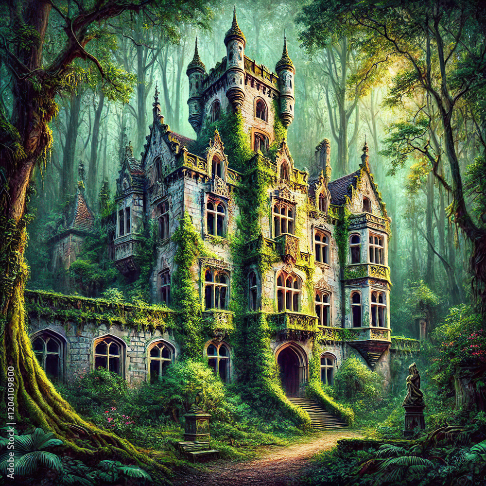 Fototapeta premium an abandoned old castle in a fairy tale forest.
