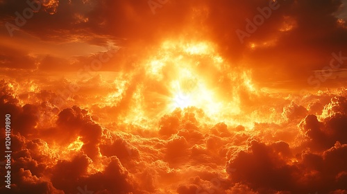 Fiery Sunset Cloudscape Divine Light Illuminates Heavens photo