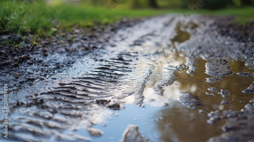 Wet muddy path with tire tracks reflecting light and greenery in background Copy Space photo