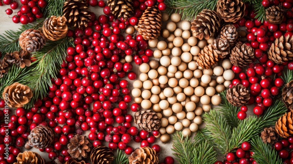 Fototapeta premium Festive christmas border with pine and baubles