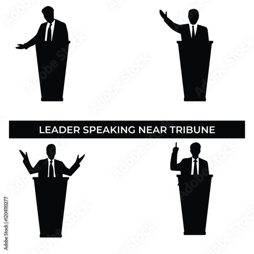 Vector Illustration of Leader Speaking Near Tribune. Wearing a Suit and Tie. Simple Flat Design Depicting Professional Leadership, Public Speaking, and Political Influence.