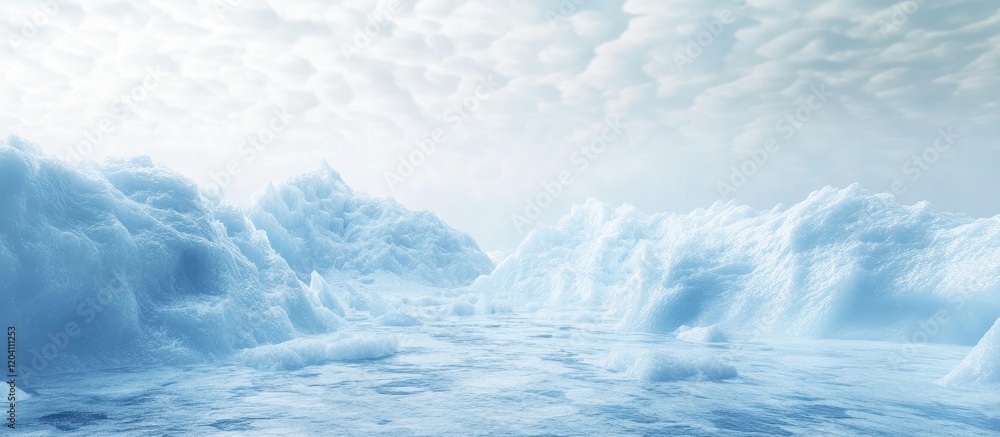 Icy landscape with large icebergs floating in calm water under a cloudy sky Copy Space Icy landscape with large icebergs floating in calm water under a cloudy sky Copy Space