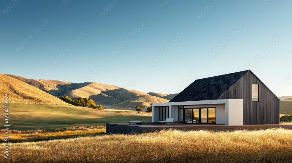 A modern house sits peacefully in a vast, golden field, with rolling hills in the background under a clear blue sky. A modern house sits peacefully in a vast, golden field, with rolling hills in the background under a clear blue sky.