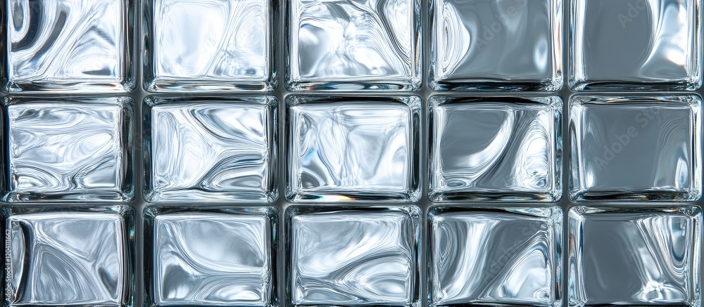 Glass block wall background with reflective surface and textured patterns providing copy space for design elements. Glass block wall background with reflective surface and textured patterns providing copy space for design elements.