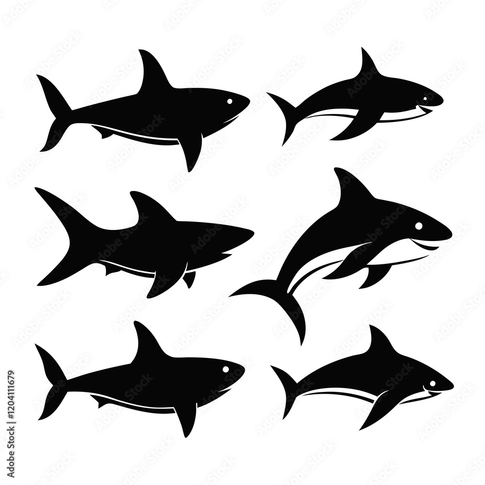 Black and White Shark Silhouettes Set Black and White Shark Silhouettes Set