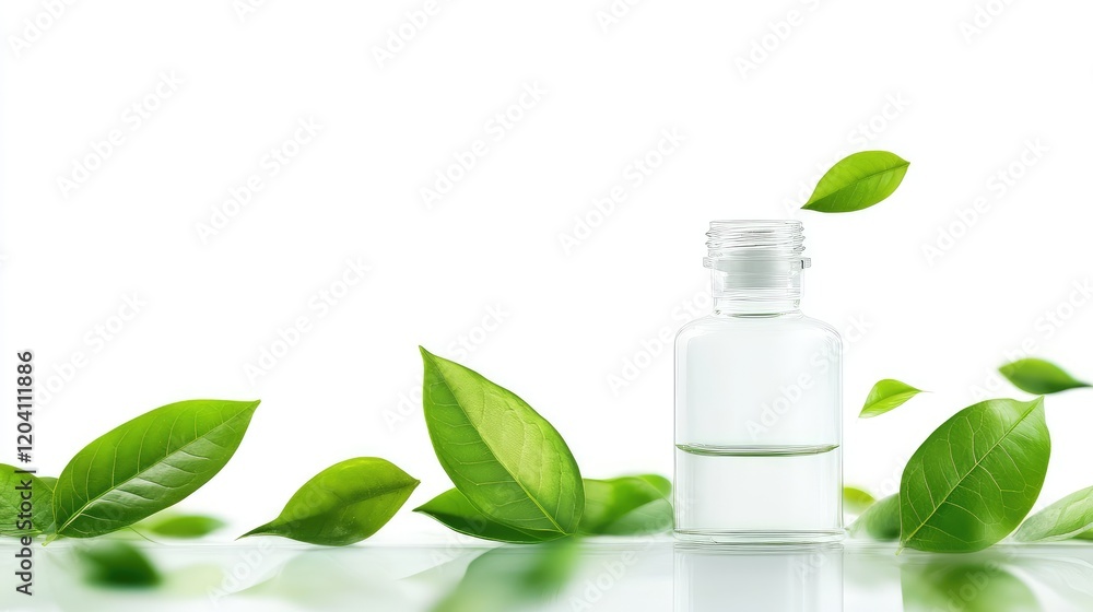 Glass bottle filled with liquid surrounded by fresh green leaves on white background with Copy Space Glass bottle filled with liquid surrounded by fresh green leaves on white background with Copy Space