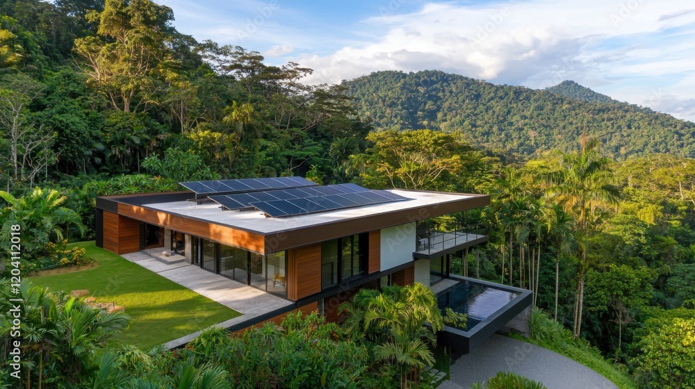 A modern house nestled in lush greenery, featuring solar panels and a stunning mountain backdrop. A modern house nestled in lush greenery, featuring solar panels and a stunning mountain backdrop.