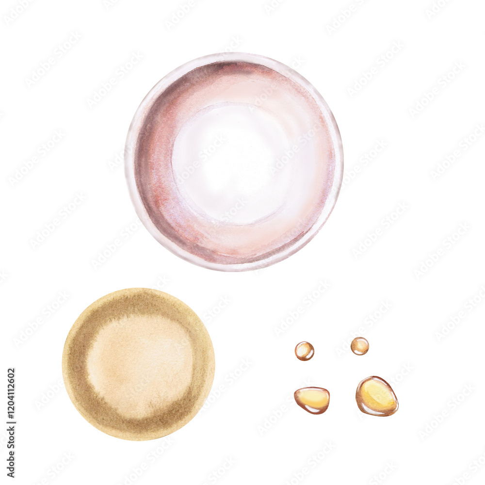 Set of plate top view, olive oil and oil drops in watercolor illustration. Isolated image on breakfast theme for design of cookbooks, magazines, menu, restaurant and cafes decoration. Set of plate top view, olive oil and oil drops in watercolor illustration. Isolated image on breakfast theme for design of cookbooks, magazines, menu, restaurant and cafes decoration.