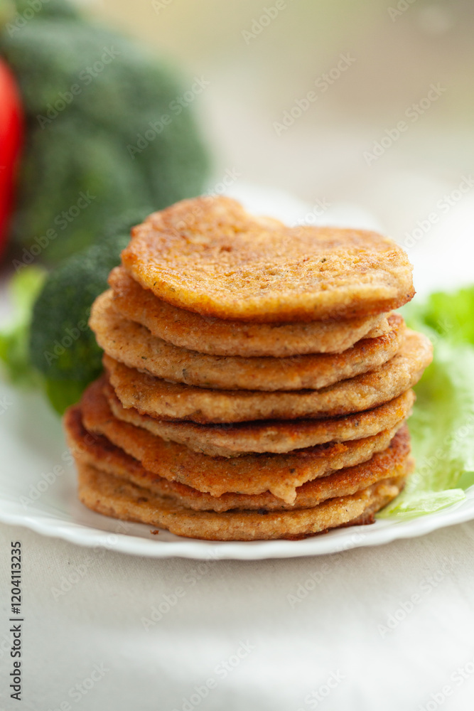 Stack of savory pancakes on a plate with fresh vegetables. Stack of savory pancakes on a plate with fresh vegetables.
