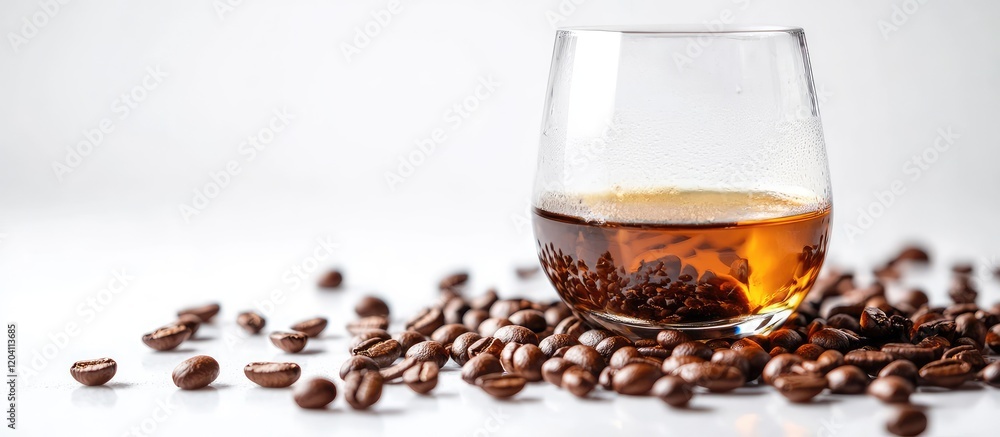 Glass of whiskey with coffee beans scattered around on a white background Copy Space Glass of whiskey with coffee beans scattered around on a white background Copy Space