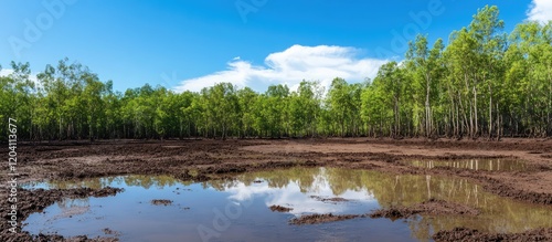 Mangrove forest wetland landscape with water pool under blue sky and clouds Copy Space photo